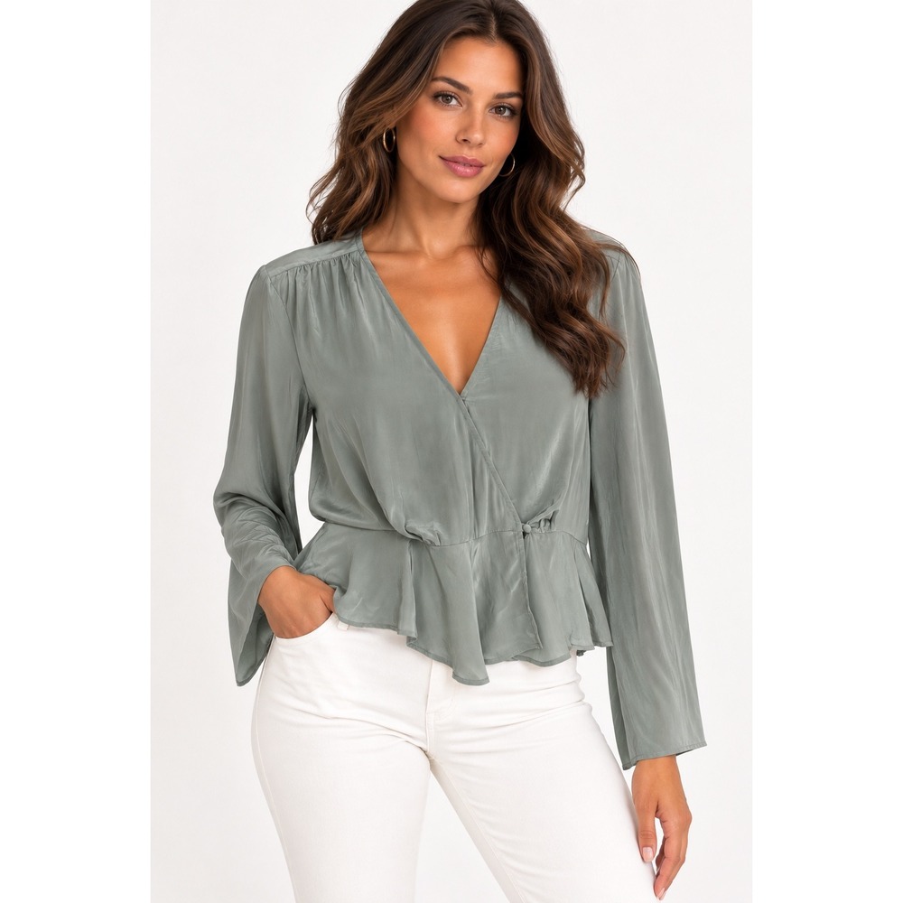 Madewell Womens Sage Green Viscose Faux Wrap Peplum Blouse Top Size 6